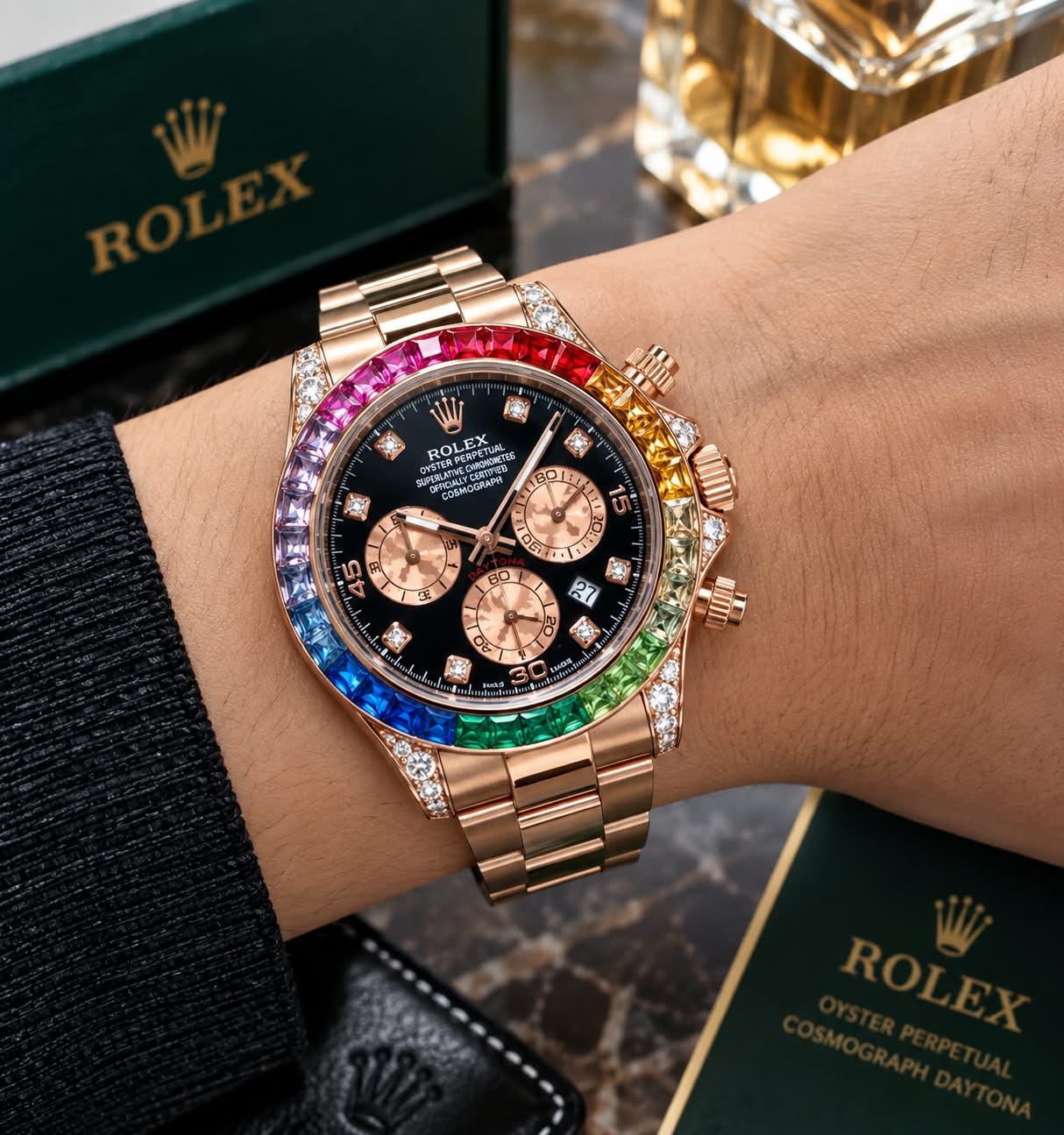 Men’s Rolex-Style Stainless Steel Chronograph Watch – Multicolor Gemstone Bezel | Luxury Premium Design