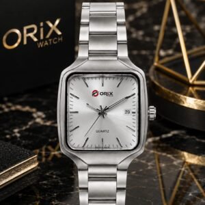ORIX Men’s Premium Quartz Watch – Elegant Square Dial, Stainless Steel Bracelet & Date Display | Waterproof