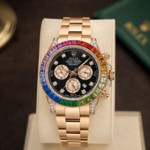 Men’s Rolex-Style Stainless Steel Chronograph Watch – Multicolor Gemstone Bezel | Luxury Premium Design