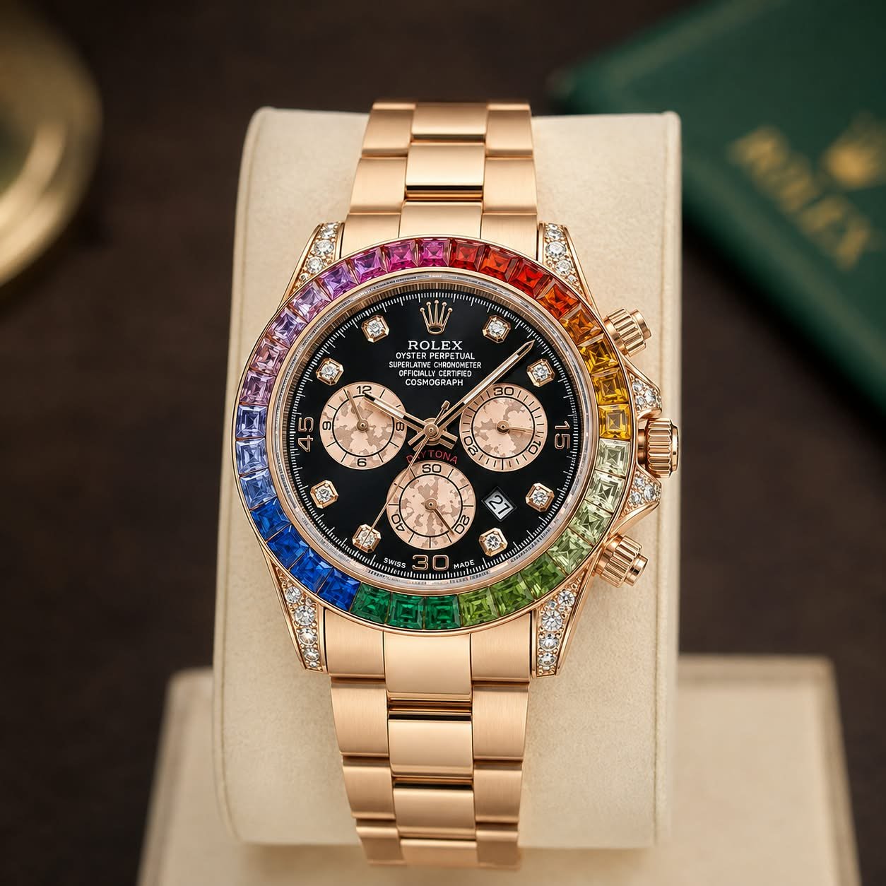 Men’s Rolex-Style Stainless Steel Chronograph Watch – Multicolor Gemstone Bezel | Luxury Premium Design